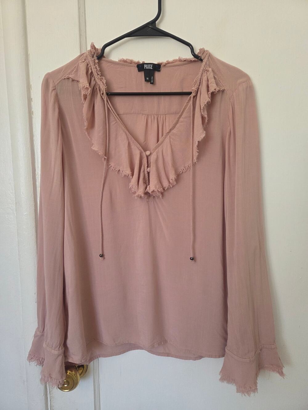 PAIGE Blouse Mauve Pink Ruffle V-Neck Long Sleeve Blouse Frayed Edges Medium